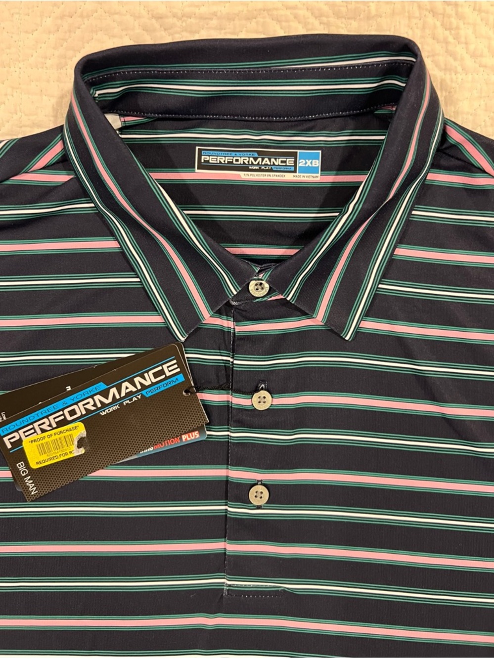 Roundtree & Yorke Black Polo with Pink and Mint Stripes